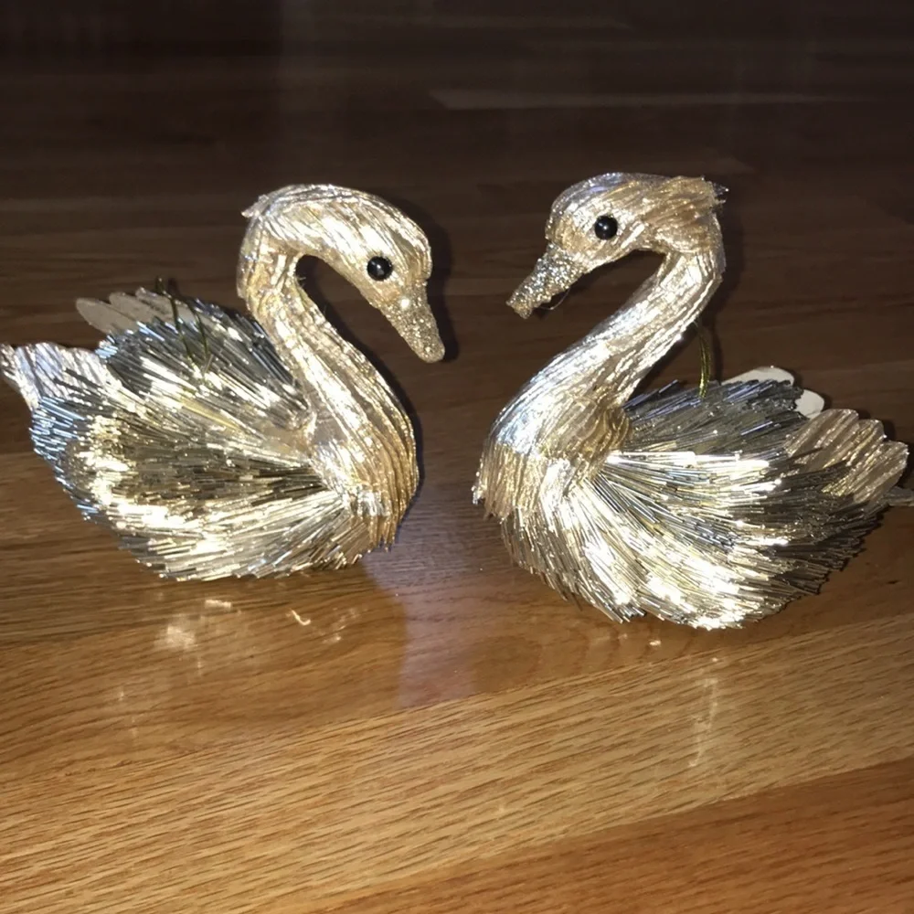 NWT Pair Anthropologie Gold Metallic Beaded Swan Ornaments